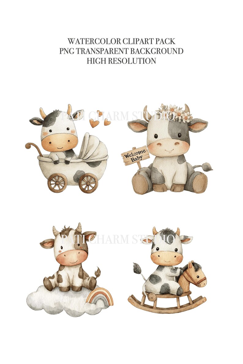 20 Baby Cow Clipart PNG + Video, Cute Farm Animal Nursery Bundle ...