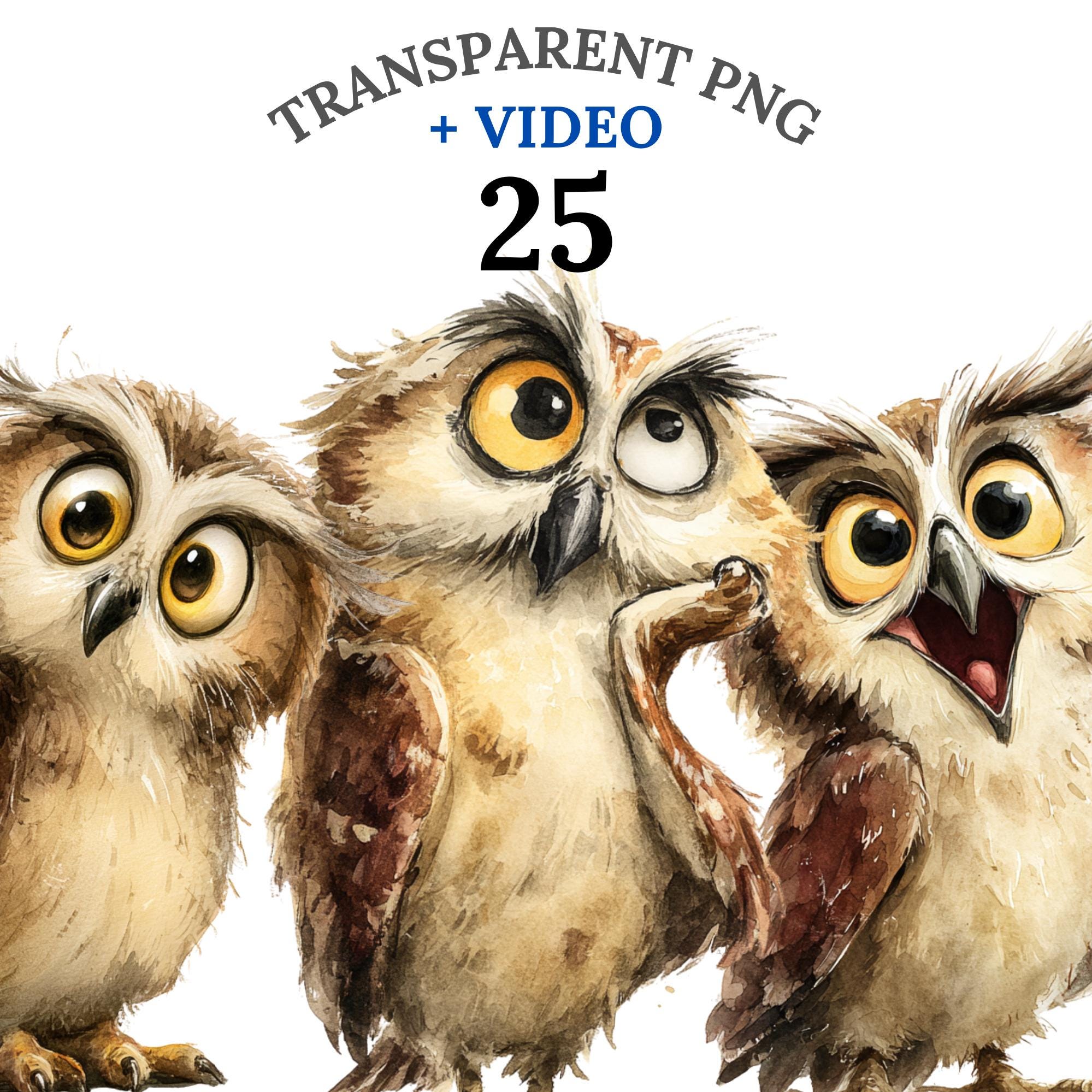 25 Owl Clipart PNG + Video, Whimsical Watercolor Baby Owl Bundle, Woodland Nursery Art, Cute Bird Il