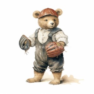 May include: A brown teddy bear wearing a red baseball cap and overalls is holding two baseball gloves. One glove is brown leather and the other is grey leather.