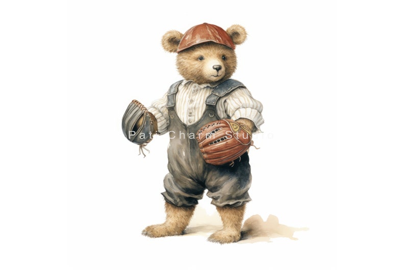 May include: A brown teddy bear wearing a red baseball cap and overalls is holding two baseball gloves. One glove is brown leather and the other is grey leather.