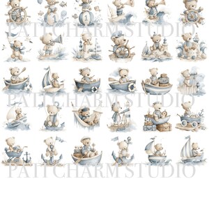 May include: Watercolor illustrations of teddy bears in nautical themes. The bears are depicted in various scenes, including sailing boats, at the helm of a ship, and on anchors. The color palette includes shades of blue, beige, and brown.