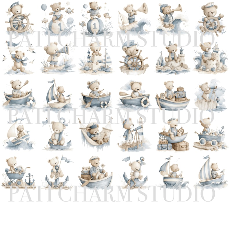 May include: Watercolor illustrations of teddy bears in nautical themes. The bears are depicted in various scenes, including sailing boats, at the helm of a ship, and on anchors. The color palette includes shades of blue, beige, and brown.