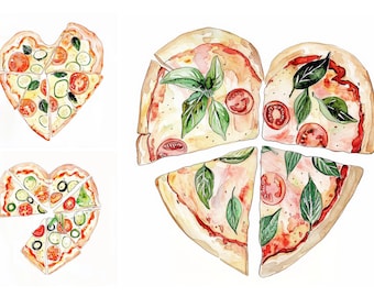 Heart Pizza Clipart Bundle, Italian Food Clipart, Commercial Use, Digital Download, Scrapbook Clipart, Watercolor Pizza Clipart, Food Decor
