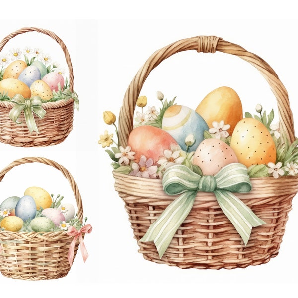 Aquarell Osterkorb Clipart, Floral Osterei Clipart, Aquarell Ostern Clipart, Aquarell Korb Clipart, Osterei Einladungen