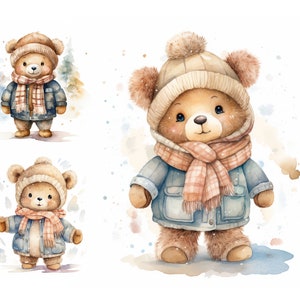 Imágenes prediseñadas de oso de peluche de invierno, JPG de alta calidad, imágenes prediseñadas de acuarela, paquete de imágenes prediseñadas de Navidad, arte de vivero de bosques, imágenes prediseñadas de oso de acuarela