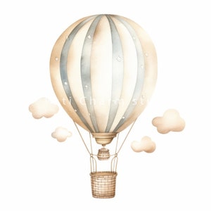 May include: A watercolor illustration of a beige and blue striped hot air balloon with white stars. The balloon is floating in the air with three small white clouds.