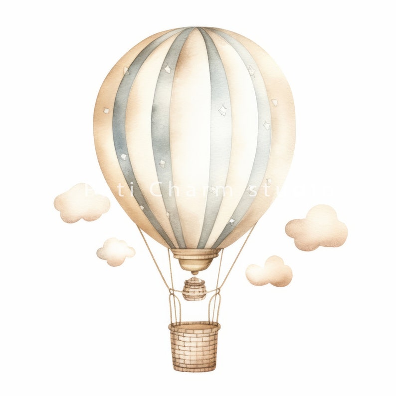 May include: A watercolor illustration of a beige and blue striped hot air balloon with white stars. The balloon is floating in the air with three small white clouds.