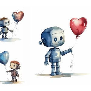 Cute Robot with Heart Balloon Clipart Bundle, High Quality JPGs, Junk Journal, Paper Craft, Nursery Robot Clipart, Children Printables, Cute
