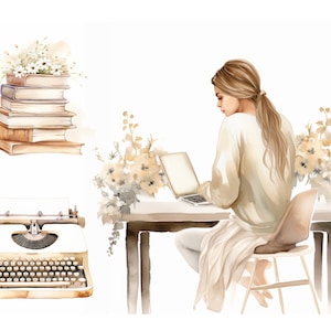 Working Woman Clipart Bundle, Work Balance Clipart, Work from Home Clipart, Digital Download, Beige Girl Clipart, High Quality JPGs, Sticker