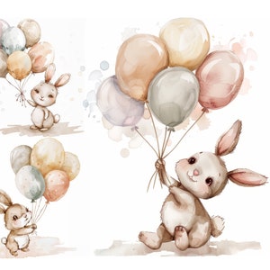 9 Sweet Bunny Flying on Balloons Clipart Bundle, High Quality JPGs, Junk Journal, Scrapbooking, Nursery Animal Clipart, Cute Baby Animal Set