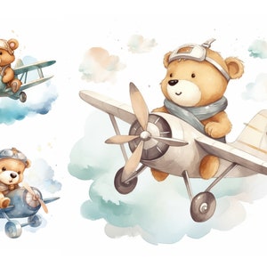 Paquete de imágenes prediseñadas de acuarela de oso de peluche de avión 9 JPG de alta calidad, piloto de oso bebé, decoración de guardería, arte de pared de bebé, imágenes prediseñadas lindas para bebés