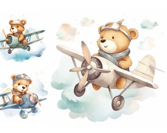 Pacchetto di clipart acquerello orsetto di aeroplano 9 JPG di alta qualità, pilota di orsetto per bambini, arredamento per la scuola materna, arte della parete per bambini, clipart carina per neonati