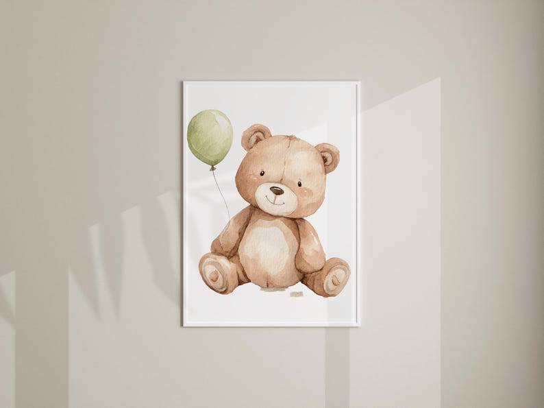 May include: Watercolor illustration of a teddy bear holding a green balloon. The bear is light brown with a cream-colored belly and a small black nose. The artwork is framed in a white border, suitable for nursery decor.