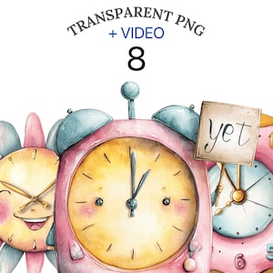 8 schrullig Uhr Clipart PNG, lustige Cartoon Uhr Bundle, süße Retro Wecker PNG für Kawaii Designs & Printables, Instant Download