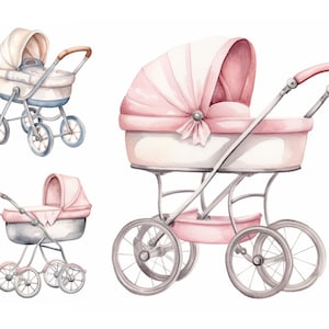 Watercolor Stroller Clipart, Scrapbook Images, High Quality JPG, Digital Download, Girl Baby Shower,Boy Baby Shower, Wall Art, Pink Stroller