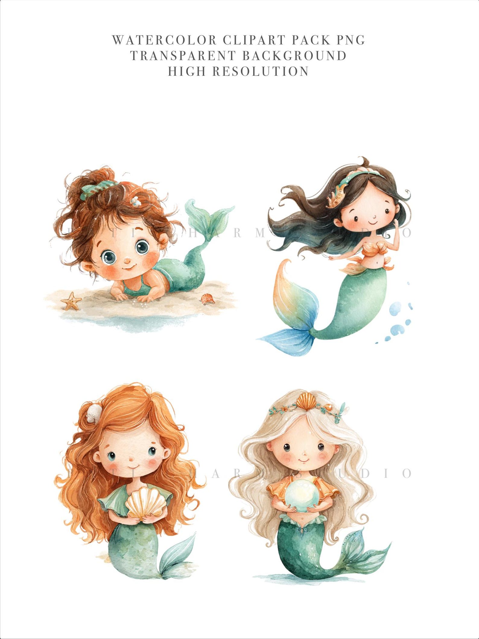 Mermaid Clipart Set, 50 Cute Mermaid PNG, Watercolor Ocean Girls, Sea ...