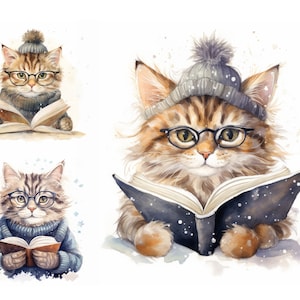 Cute Reading Cats Clipart Bundle, High Quality JPGs, Watercolor Cat Clipart, Winter Kitten Clip Art, Junk Journal, Kitty Clipart, Cat Pets