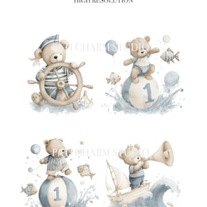 May include: Watercolor clipart pack featuring nautical-themed teddy bears. The bears are depicted in various scenes, including steering a ship's wheel, balancing on a ball, and sailing a boat. The image includes the text "WATERCOLOR CLIPART PACK PNG TRANSPARENT BACKGROUND HIGH RESOLUTION".