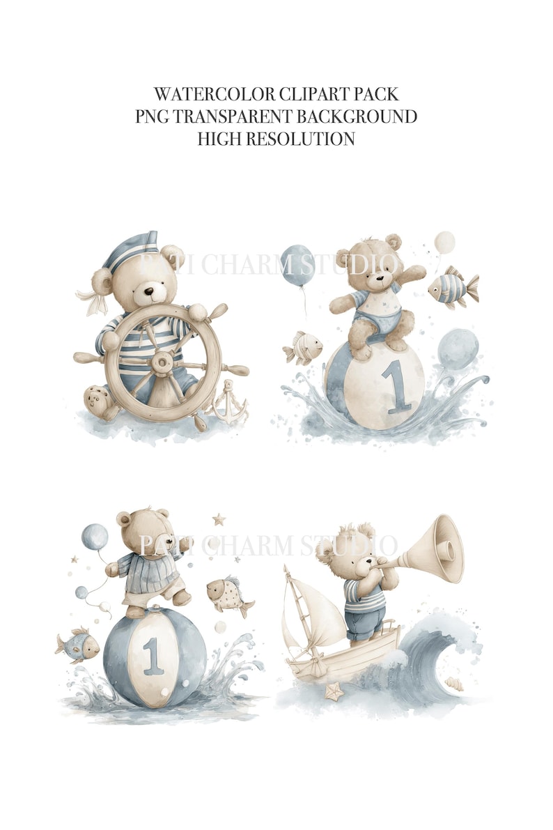 May include: Watercolor clipart pack featuring nautical-themed teddy bears. The bears are depicted in various scenes, including steering a ship's wheel, balancing on a ball, and sailing a boat. The image includes the text "WATERCOLOR CLIPART PACK PNG TRANSPARENT BACKGROUND HIGH RESOLUTION".