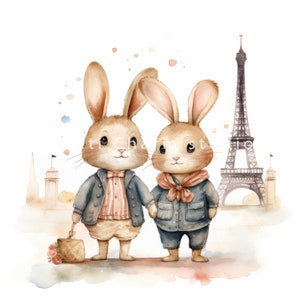 Watercolor Rabbits in Paris Clipart Bundle, High Quality Jpgs, Couples ...