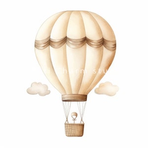 May include: A watercolor illustration of a beige hot air balloon with a brown basket. The balloon has a brown and beige striped pattern and is floating in the air with two small white clouds.