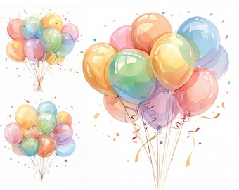 Birthday Balloon Clipart Bundle, Watercolor Balloon Clipart, Happy Birthday Clipart, Colorful Balloon Clipart, Birthday Party Clipart Pack