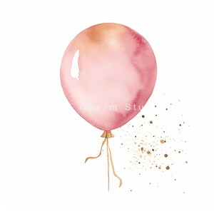 K&ouml;nnte beinhalten: Ein rosa Aquarellballon mit goldenen Konfetti. Der Ballon hat eine goldene Schnur.