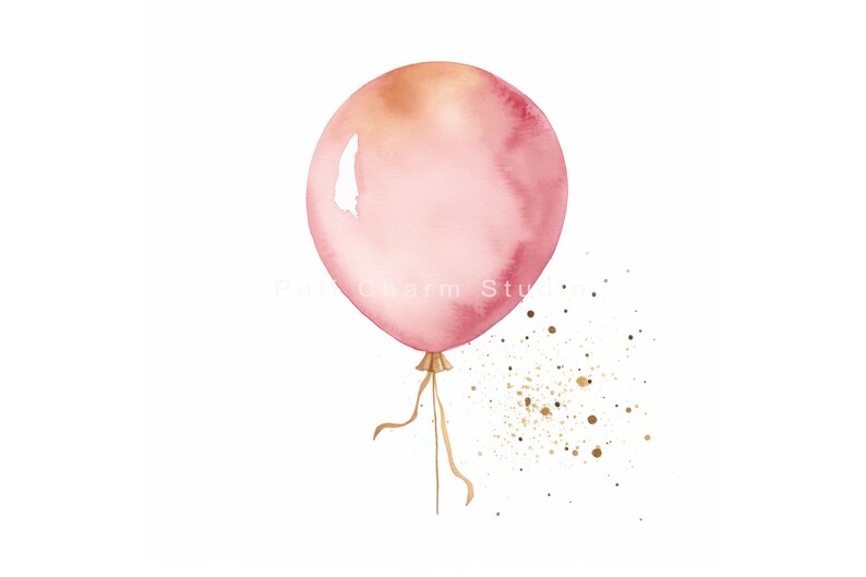 K&ouml;nnte beinhalten: Ein rosa Aquarellballon mit goldenen Konfetti. Der Ballon hat eine goldene Schnur.