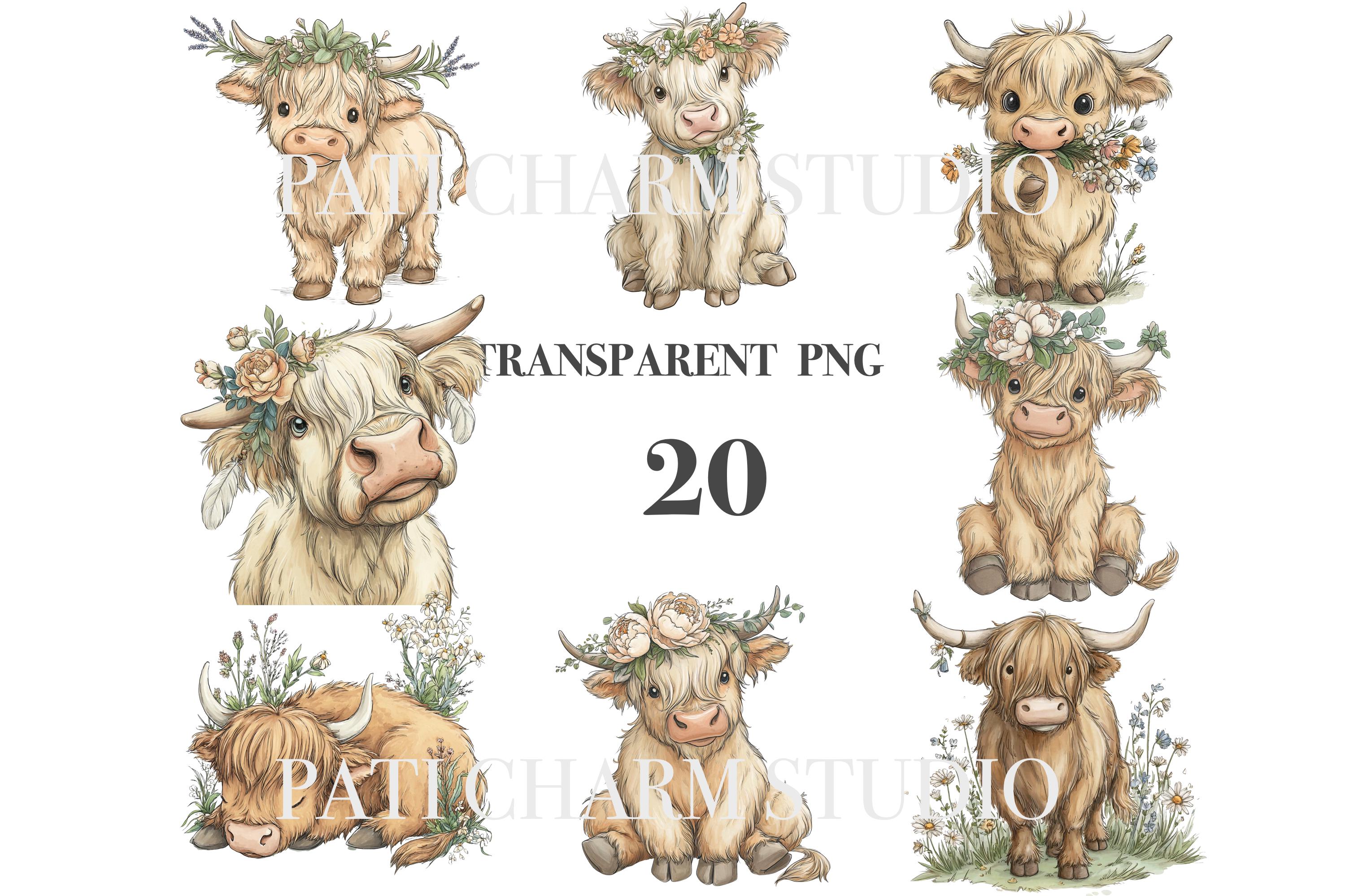 20 Highland Cow PNG Clipart Bundle, Floral Watercolor Farm Animal, Cute ...