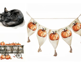 Aquarell Herbst Clipart Bundle, Kürbis Clipart, Eichel Clipart, Picknickkorb Clipart, Scrapbooking, Aufkleberdesign, Junk Journal Jpegs