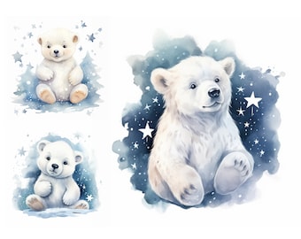 Watercolor Polar Bear Clipart Bundle, High Quality JPGs, Cute White Bear Clipart, Nursery Bear Wall Art, Scrapbooking, Watercolor Animals