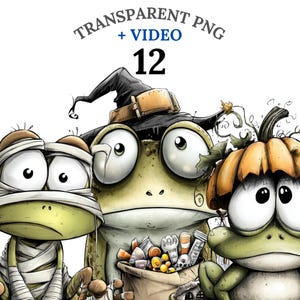 May include: Illustration of three cartoon frogs dressed for Halloween. One is wrapped in bandages, another wears a witch hat, and the third has a pumpkin on its head. The image includes the text "TRANSPARENT PNG + VIDEO 12".