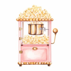 K&ouml;nnte beinhalten: Eine rosafarbene Popcornmaschine mit goldenem Griff und einem transparenten Glasfenster. Die Maschine ist mit Popcorn gef&uuml;llt und hat einen goldenen Topf im Inneren.