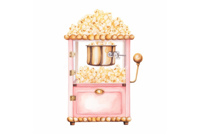 K&ouml;nnte beinhalten: Eine rosafarbene Popcornmaschine mit goldenem Griff und einem transparenten Glasfenster. Die Maschine ist mit Popcorn gef&uuml;llt und hat einen goldenen Topf im Inneren.