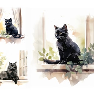 窓の黒猫のクリップアート バンドル、高品質の JPG、ジャンク ジャーナル、ペーパー クラフト、水彩画の黒猫、かわいい動物、保育園の動物のクリップアート