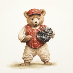 May include: A brown teddy bear wearing a red baseball uniform and a catcher's mitt. The bear is standing on a green field.