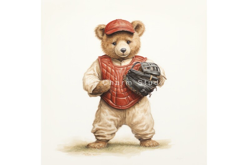 May include: A brown teddy bear wearing a red baseball uniform and a catcher's mitt. The bear is standing on a green field.