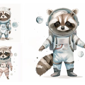 Paquete de imágenes prediseñadas de mapache en el espacio, Imágenes prediseñadas de astronauta de guardería, JPG de alta calidad, Pegatinas digitales, Decoración de ducha de bebé, Arte de pared bonito, Arte bonito