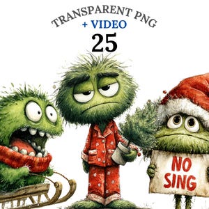 Könnte beinhalten: Aquarellillustration von drei grünen, pelzigen Monstern. Einer trägt einen roten Pyjama und hält einen kleinen Weihnachtsbaum. Ein anderer trägt einen Weihnachtsmannhut und hält ein Schild mit der Aufschrift "NO SING". Der Text "TRANSPARENT PNG + VIDEO 25" ist enthalten.