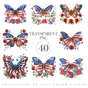 40 Patriotic Clipart Butterfly PNG, 4th of July Clipart, USA Flag Butterflies with Flowers, Independence Day Stickers, Instant Download