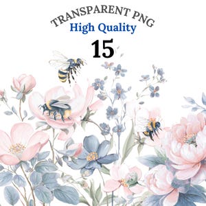 15 Floral Bee Clipart PNG, Watercolor Bumble Bee & Flowers, Garden Bee Art Bundle, Honey Bee Design, Digital Bee Download, Commercial Use