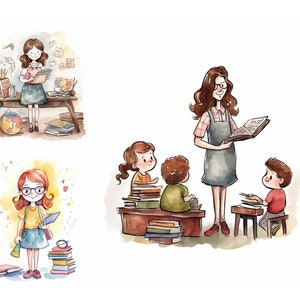 Schoolleraar clipart bundel, aquarel school clipart, hoge kwaliteit, decor van de kwekerij, leraar clipart, terug naar school, elementaire clipart