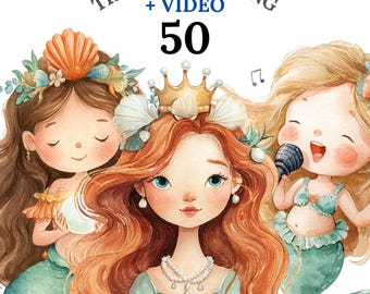 Mermaid Clipart Set, 50 Cute Mermaid PNG, Watercolor Ocean Girls, Sea Baby Clip Art, Under the Sea, Kawaii Fantasy Illustrations + Video