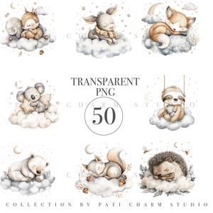 Puede incluir: Ilustraciones en acuarela de animales durmiendo sobre nubes, incluyendo una ardilla, un ciervo, un zorro, un koala, un perezoso, un oso, una ardilla y un erizo. La imagen incluye el texto "TRANSPARENT PNG 50" y "COLLECTION BY PATI CHARM STUDIO".
