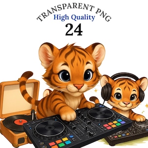 24 Dj Clipart PNG, Cute Tiger DJ Clipart for Birthday Party, Music Animal Stickers, Baby DJ Transparent Background, Commercial Use, Nursery