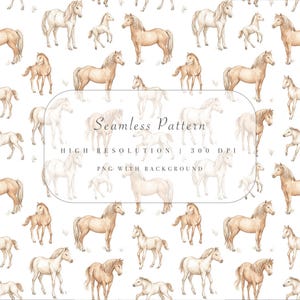 May include: A seamless pattern featuring watercolor illustrations of horses and foals in various shades of brown and white, set against a white background. The text "Seamless Pattern" is displayed.