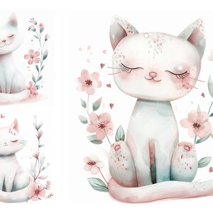 Paquete de imágenes prediseñadas de gato blanco con flor rosa, imágenes prediseñadas de gato de guardería, imágenes prediseñadas de gatito, imágenes prediseñadas de gatito bebé, JPG de alta calidad, descarga digital, lindo