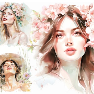 Pacchetto Clipart ragazza acquerello, JPG di alta qualità, download digitale, clipart floreale stampabile, clipart bella donna, immagini di album
