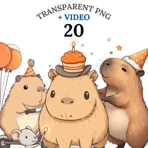 20 Capybara Birthday Clipart PNG + Video, Cute Capybara Party Animal PNG, Watercolor Clipart Bundle, Sublimation, Instant Download