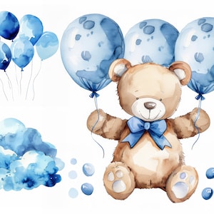 Watercolor Teddy Bear with Balloon Clipart, High Quality JPGs, Nursery Clipart, Baby Boy Clipart, It’s a Boy Clipart, Birthday Party Clipart